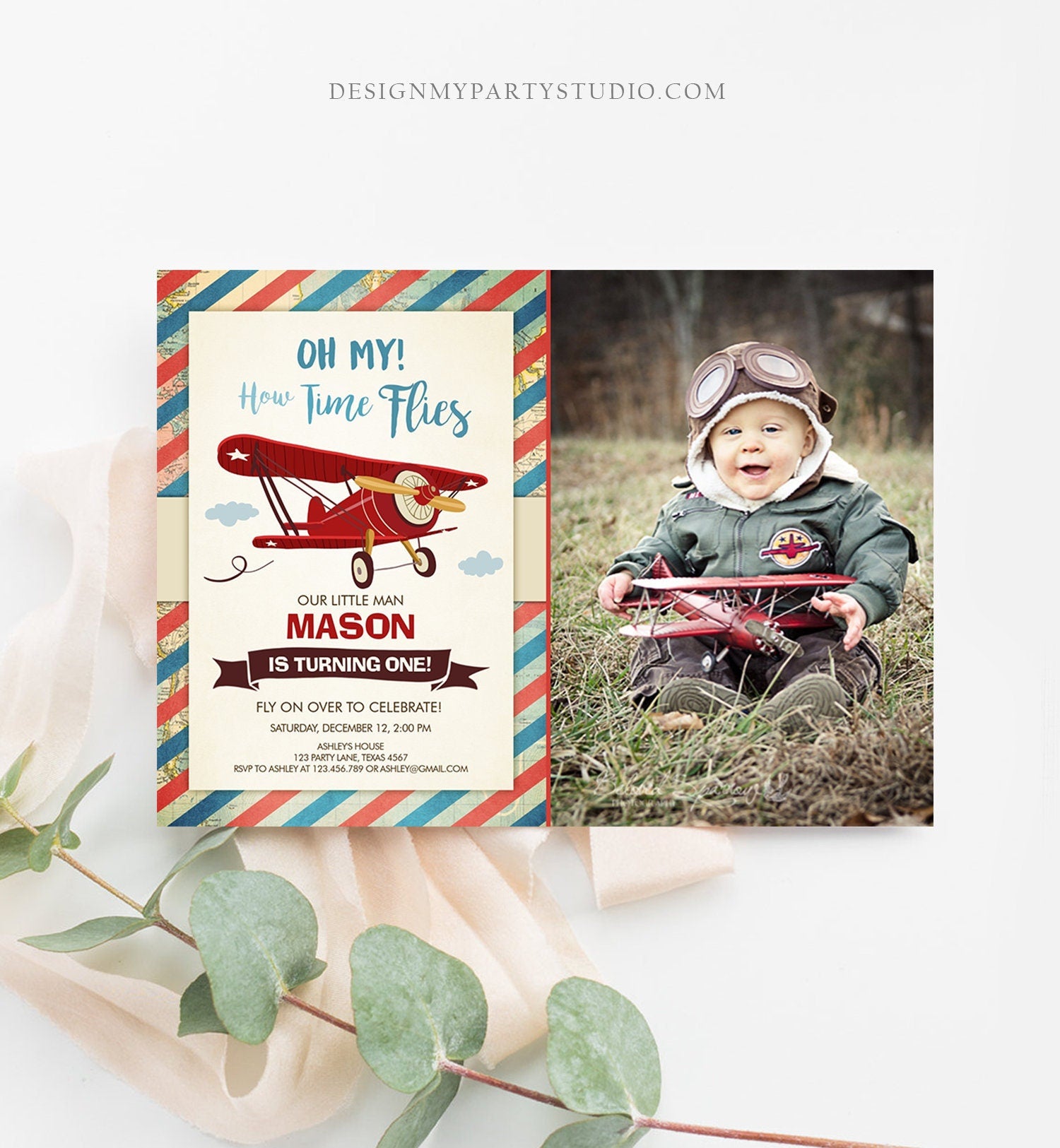 Editable Airplane Birthday Invitation Oh My Time Flies Red Airplane First Birthday Plane Vintage Download Corjl Template Printable 0011