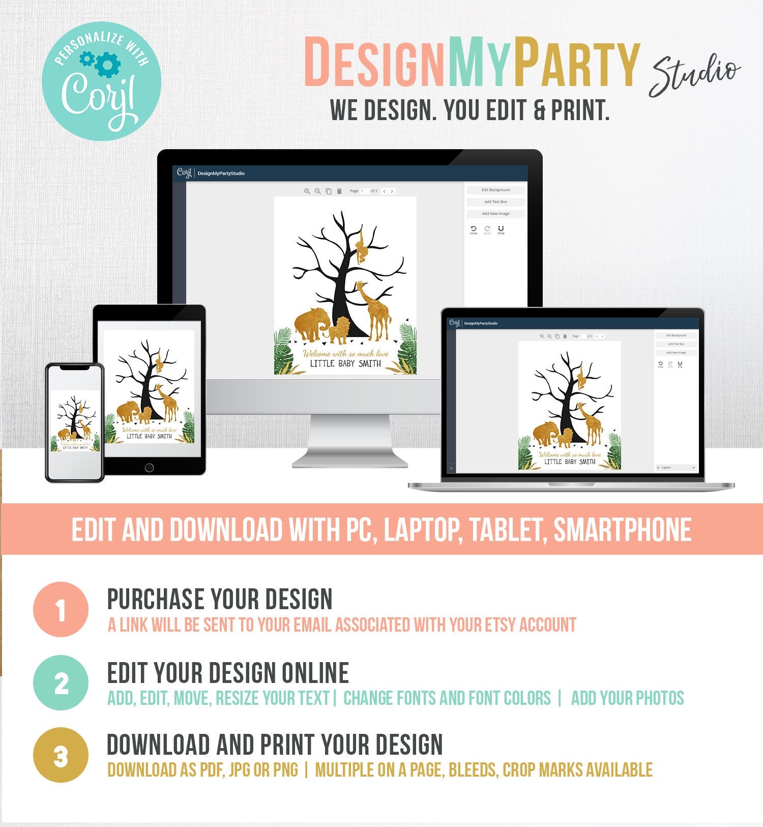 Editable Safari Animals Baby Shower Fingerprint Guestbook Thumbprint Guest Book Tree Jungle Wild One Gold Boy Corjl Template Printable 0016