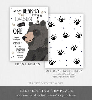 Editable Bear Birthday Invitation Boy Black Bear Invitation Little Cub Woodland Camping Party Printable Invite Template Digital Corjl 0266