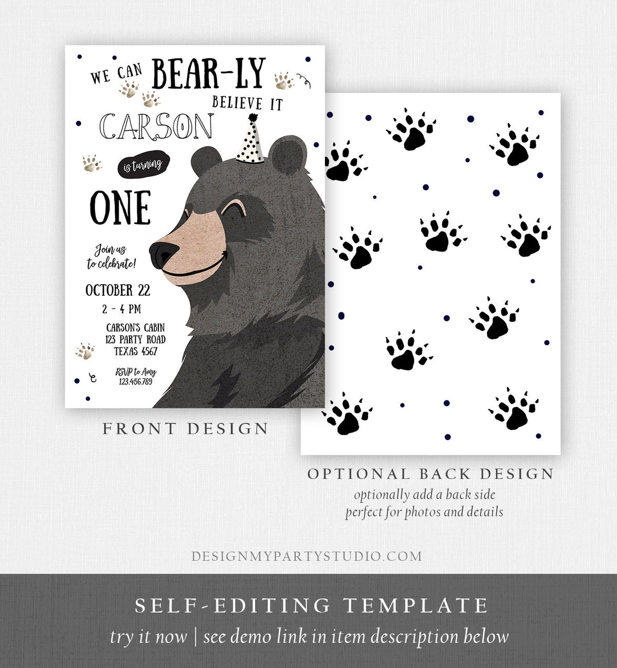 Editable Bear Birthday Invitation Boy Black Bear Evite Little Cub Woodland Camping Party Digital Download Electronic Template Printable 0266
