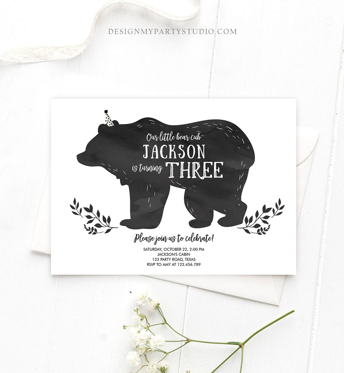Editable Bear Cub Birthday Invitation Boy Bear Invitation Little Cub Woodland Bear Party Modern Digital Download Template Printable 0267