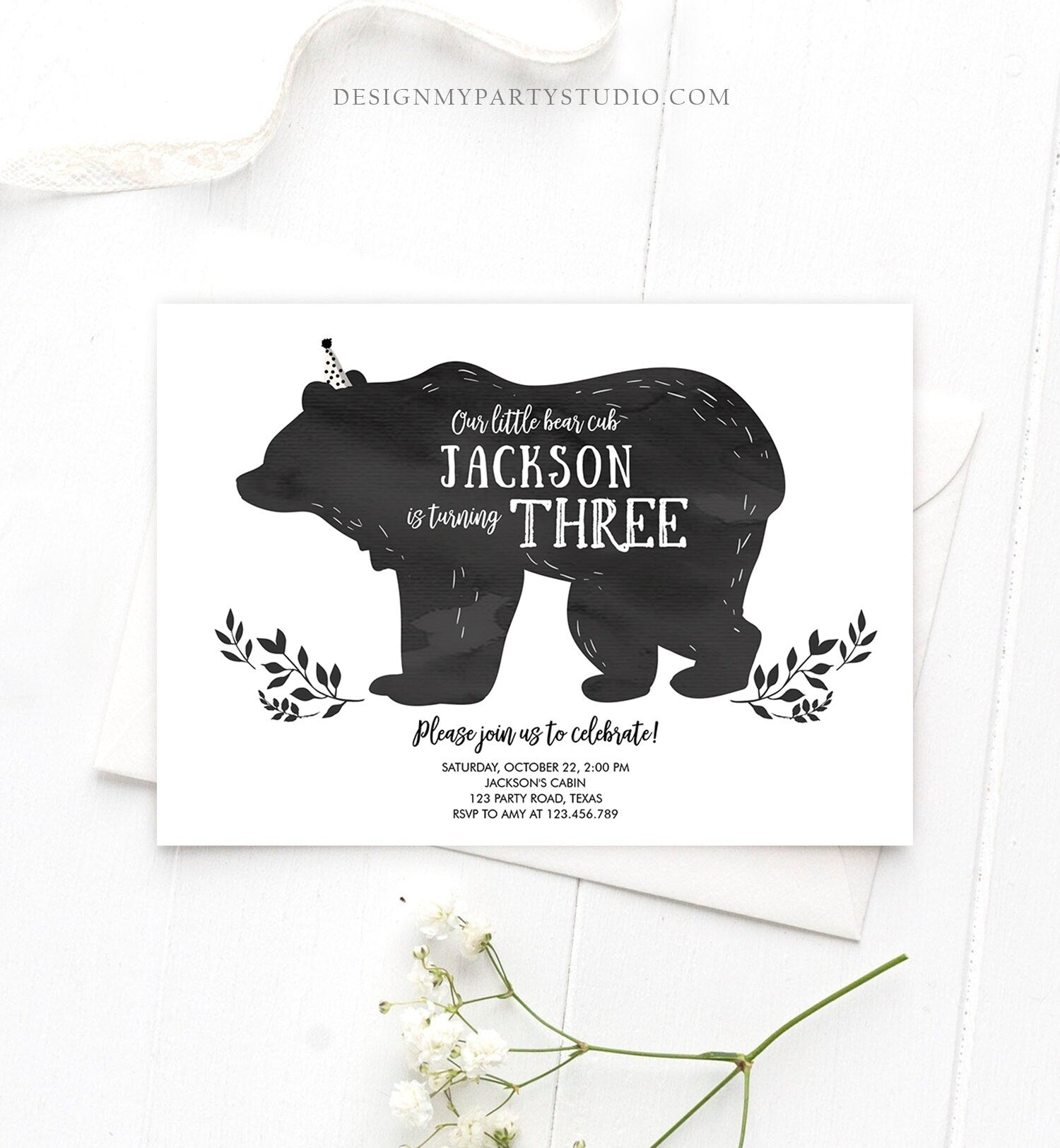 Editable Bear Cub Birthday Invitation Boy Bear Invitation Little Cub Woodland Bear Party Modern Digital Download Template Printable 0267