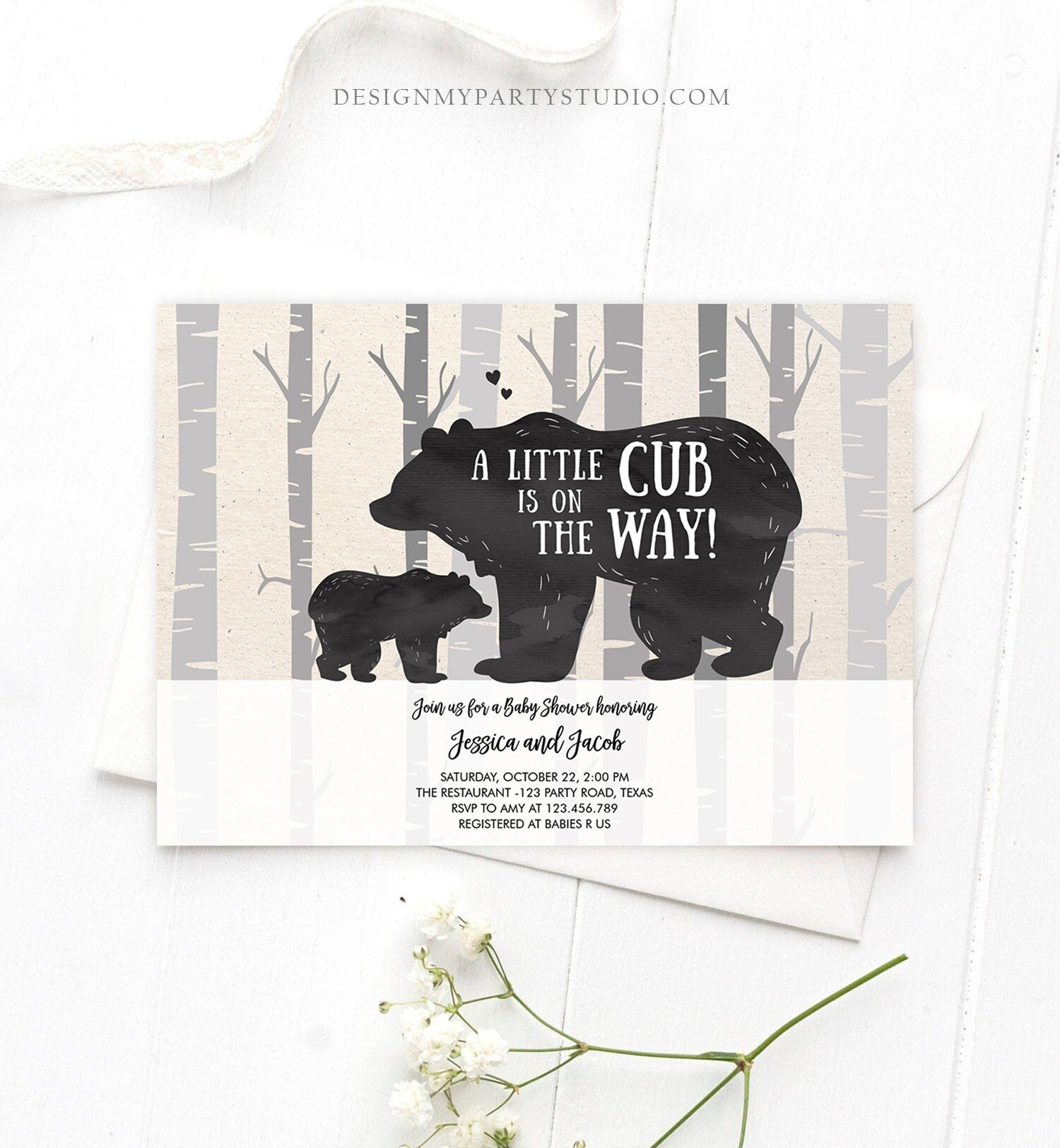 Editable Bear Baby Shower Invitation Bear Cub Baby Shower Invite Woodland Birch Trees Rustic Animal Printable Template Digital Corjl 0267