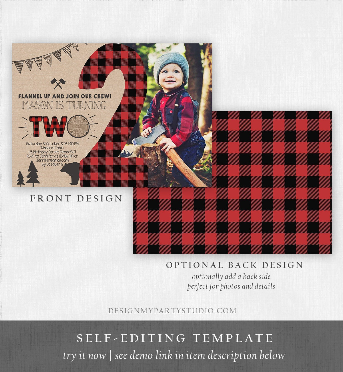 Editable Lumberjack Birthday Invitation Rustic Woodland 2nd Birthday Two Buffalo Plaid Timber Two Download Printable Template Corjl 0026