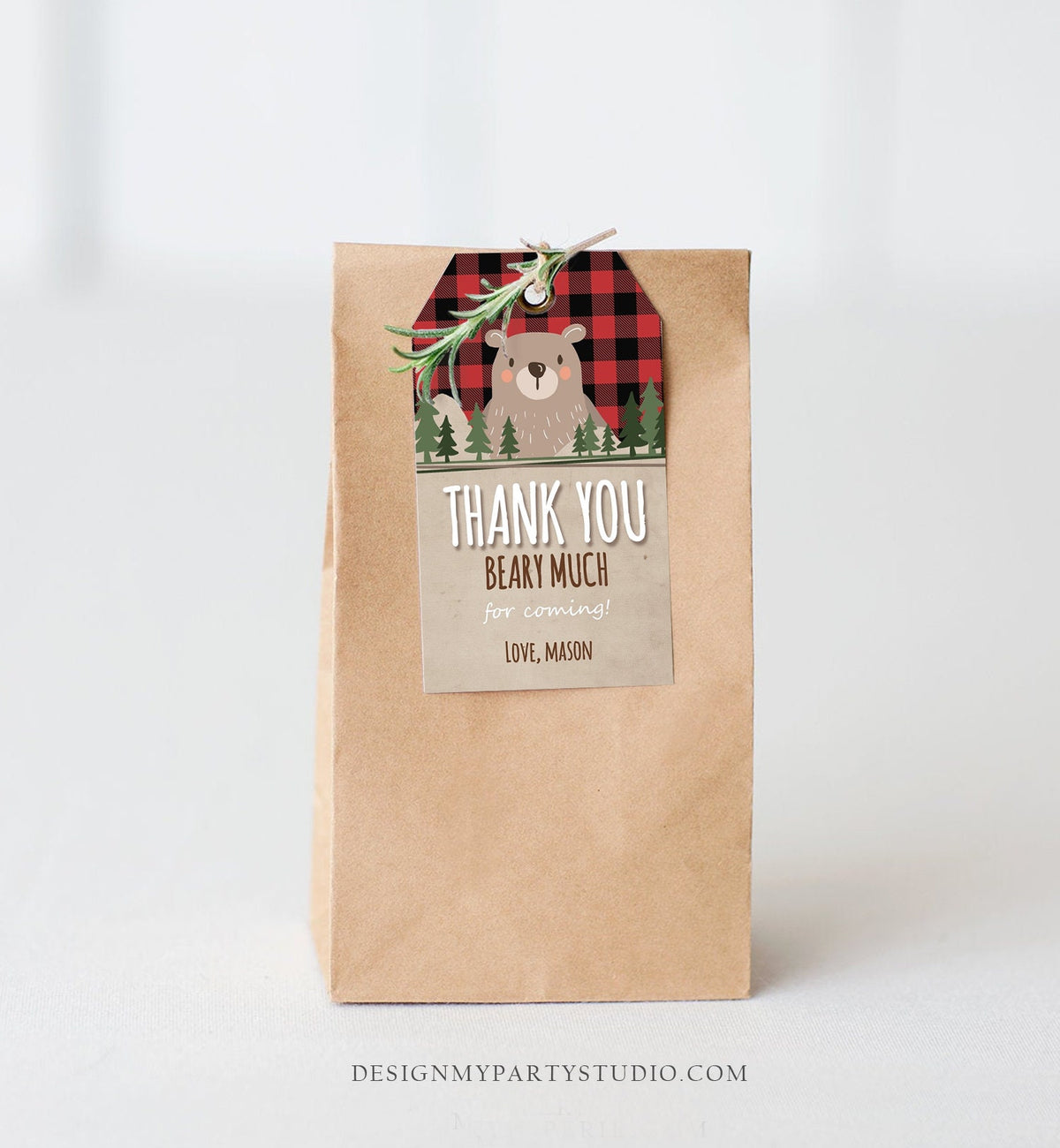 Editable Lumberjack Favor Tags Thank you beary much Lumberjack Birthday tag Label Baby shower Woodland Bear template PRINTABLE Corjl 0026