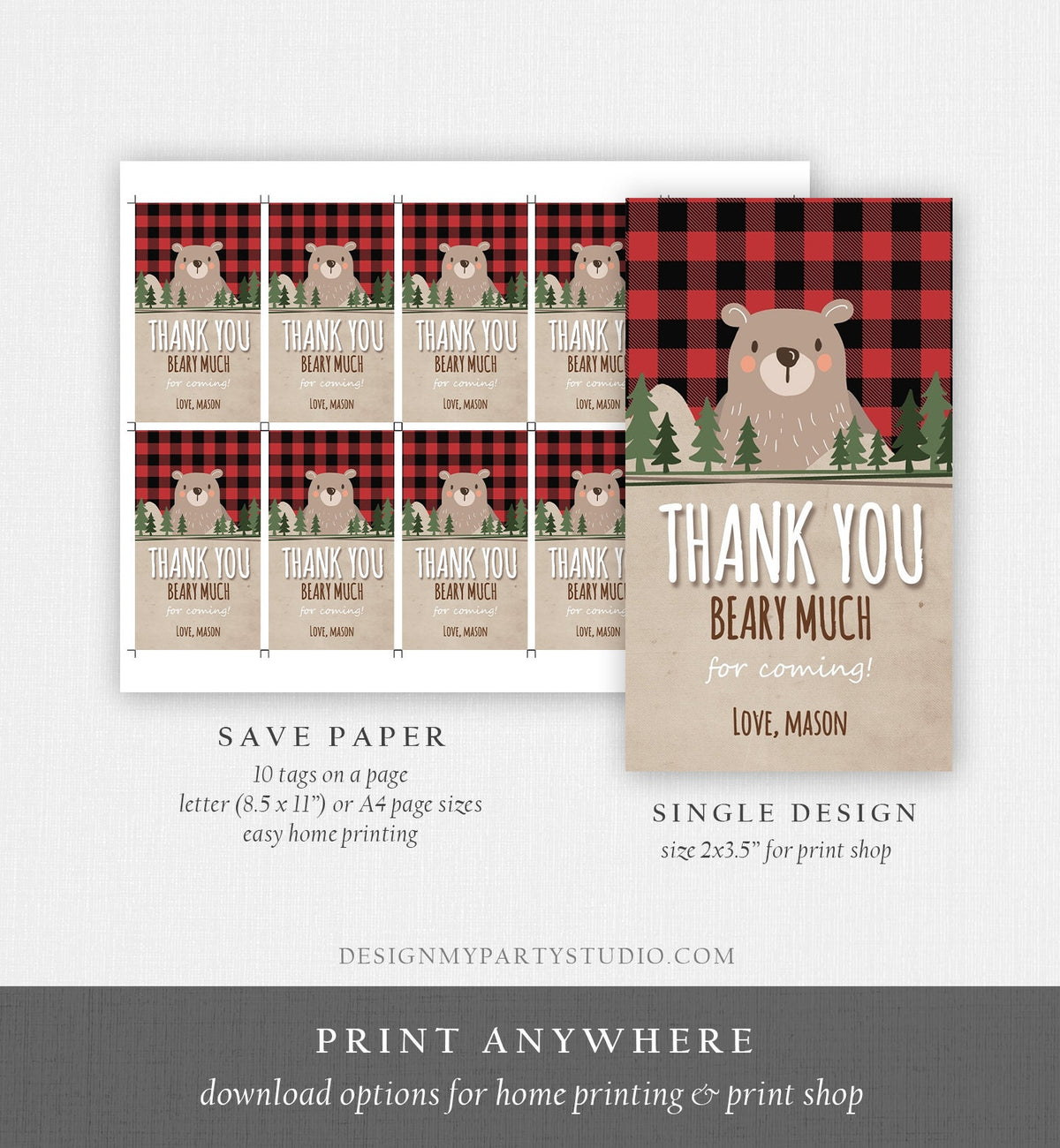 Editable Lumberjack Favor Tags Thank you beary much Lumberjack Birthday tag Label Baby shower Woodland Bear template PRINTABLE Corjl 0026