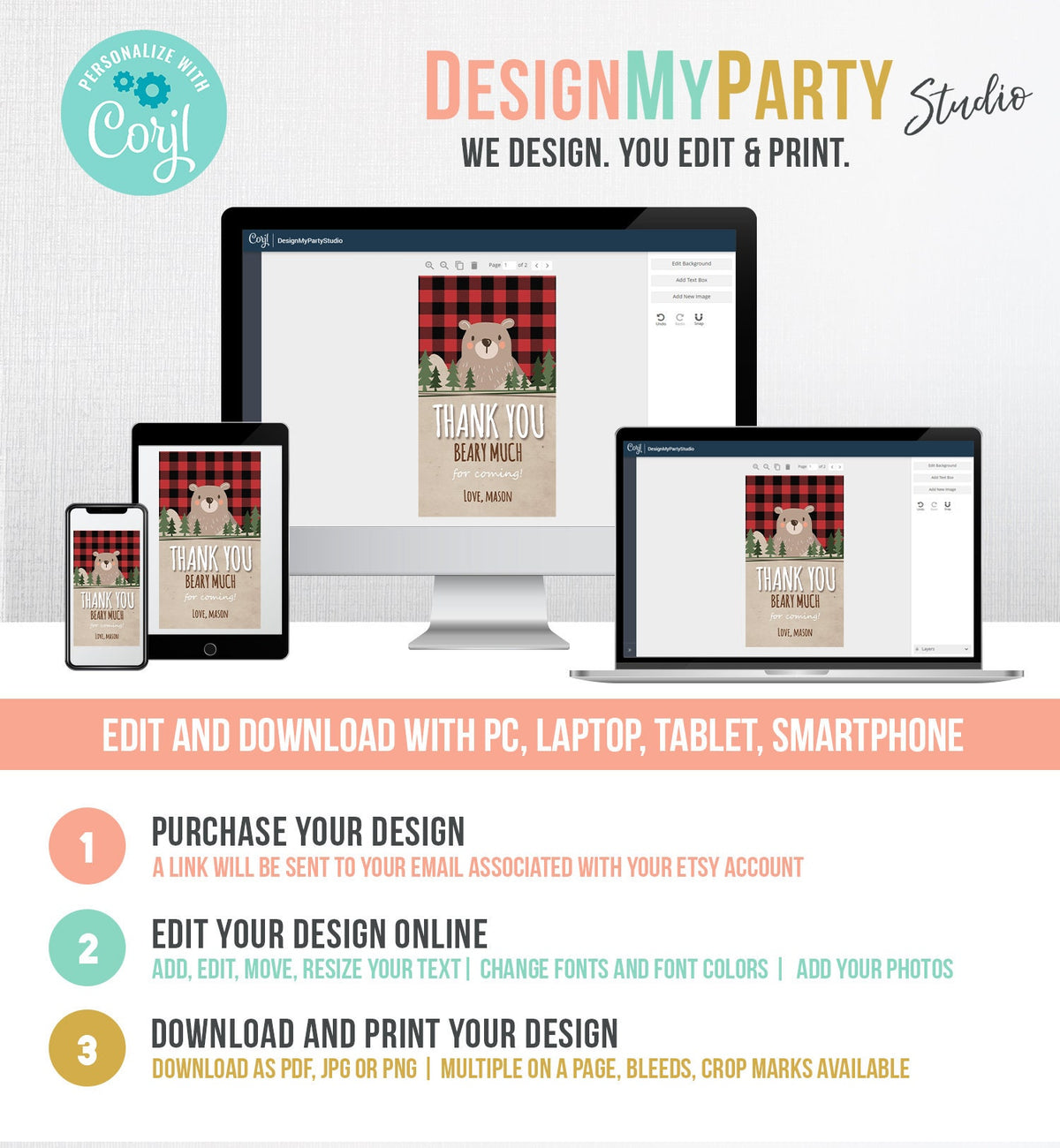 Editable Lumberjack Favor Tags Thank you beary much Lumberjack Birthday tag Label Baby shower Woodland Bear template PRINTABLE Corjl 0026