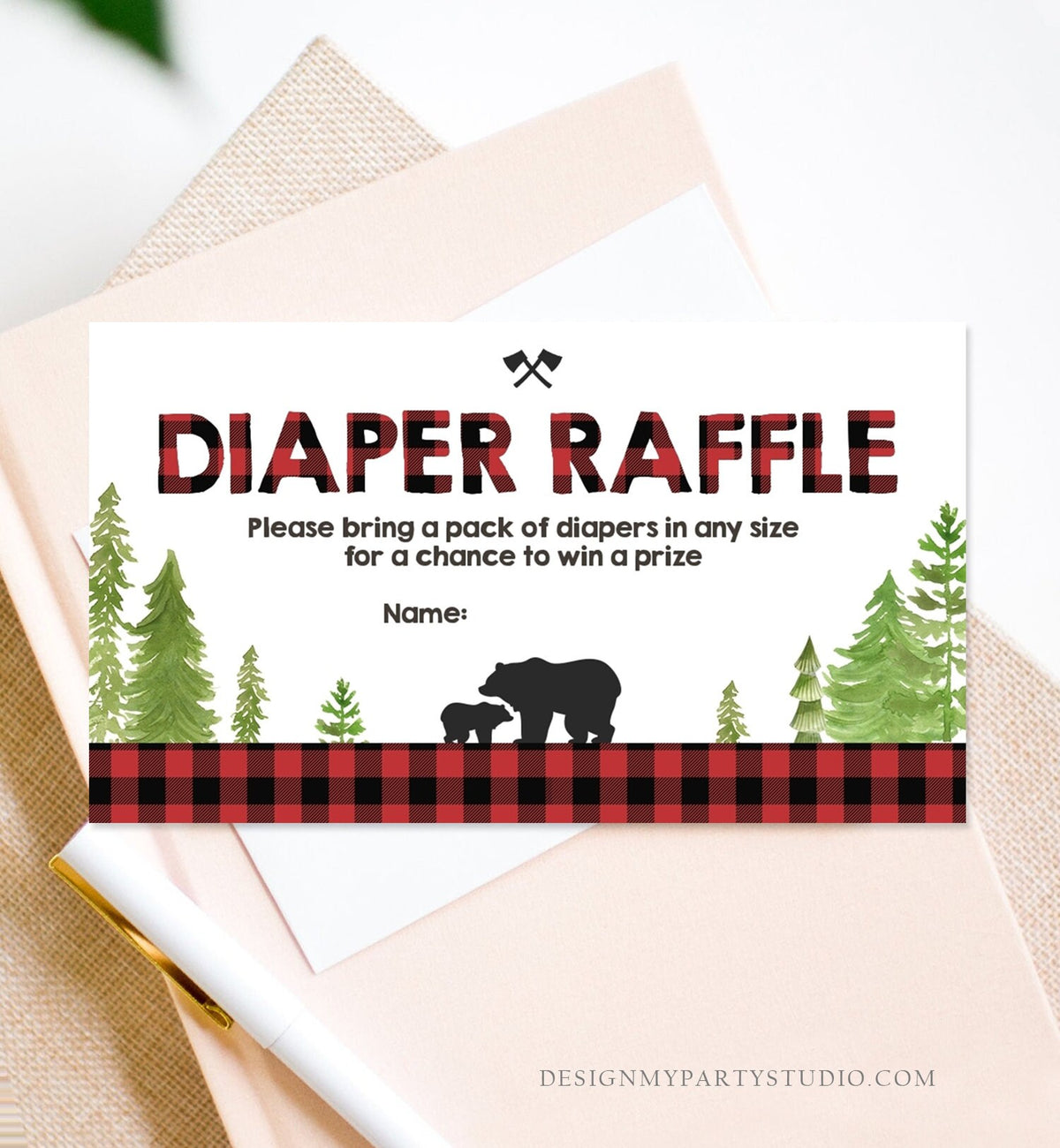 Editable Lumberjack Diaper Raffle Ticket Lumberjack Baby shower Diaper Game Rustic Bear Cub Diaper Ticket Template PRINTABLE Corjl 0191