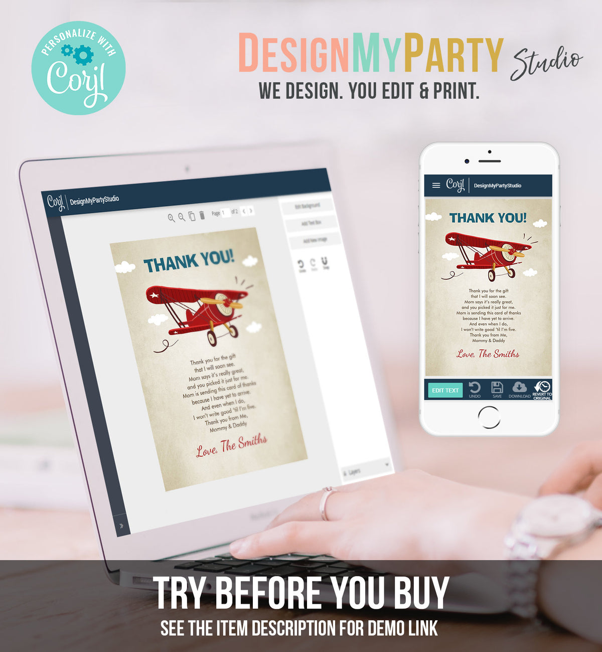 Editable Airplane Thank You Card Airplane Birthday Adventure Travel Baby Shower Vintage Red Plane Aircraft Download Corjl Template 0011