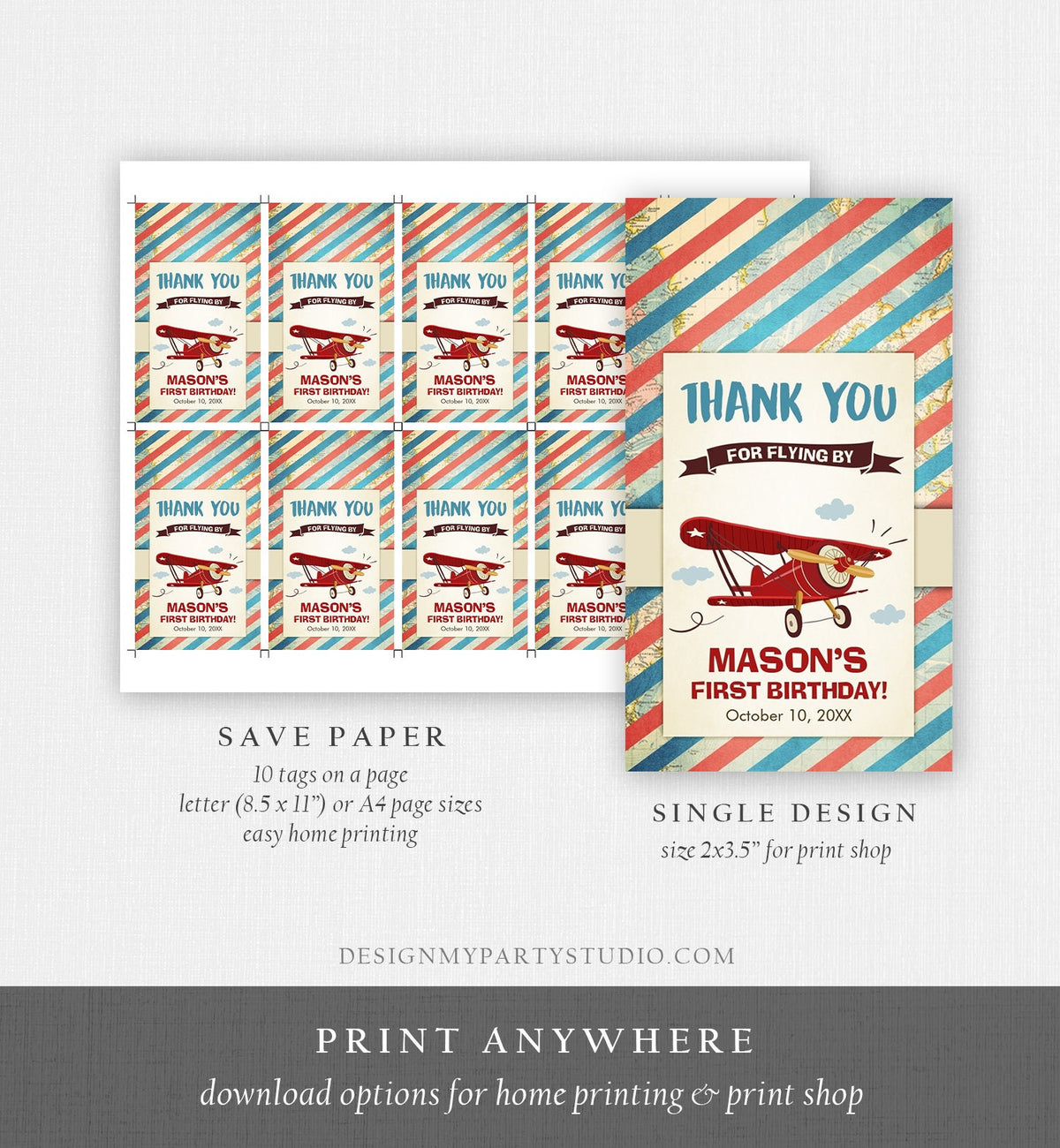 Editable Airplane Favor Tags Birthday Thank You Tag Vintage Red Aircraft Plane Label Blue Boy Gift Flying By Digital Template Printable 0011