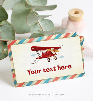 Editable Airplane Food Labels Vintage Airplane Birthday Party Place Card Tent Card Escort Boy Aircraft Plane Sky Red Corjl Template 0011