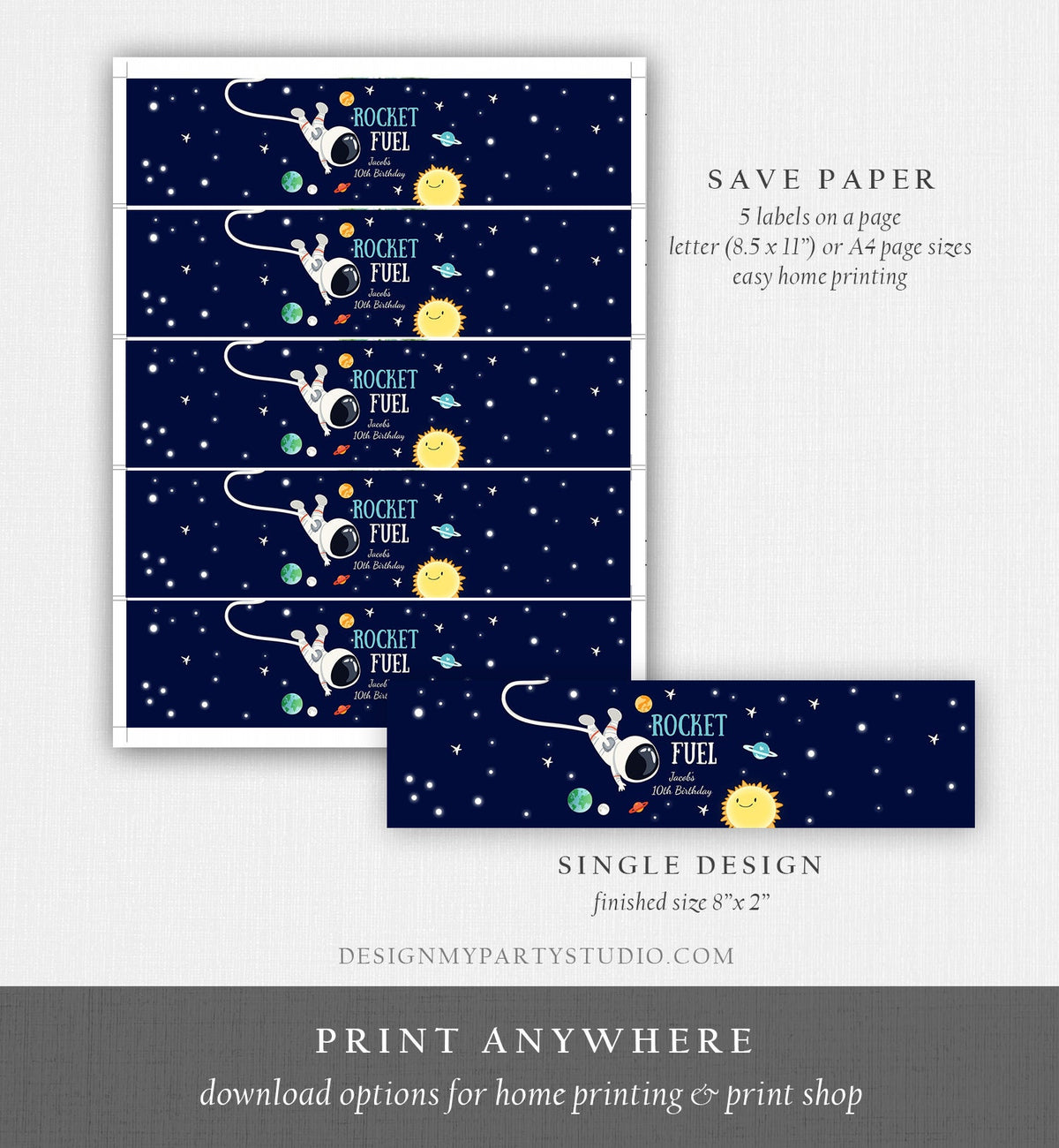 Editable Outer Space Water Bottle Labels Rocket Fuel Labels Boy Space Birthday Astronaut Galaxy Space Decor Corjl Template Printable 0259