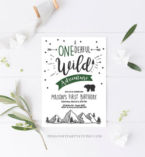Editable A Onederful Wild Adventure First Birthday Invitation Wild Things Boy Mountains Bear Outdoor Hunter Green Corjl Template 0083