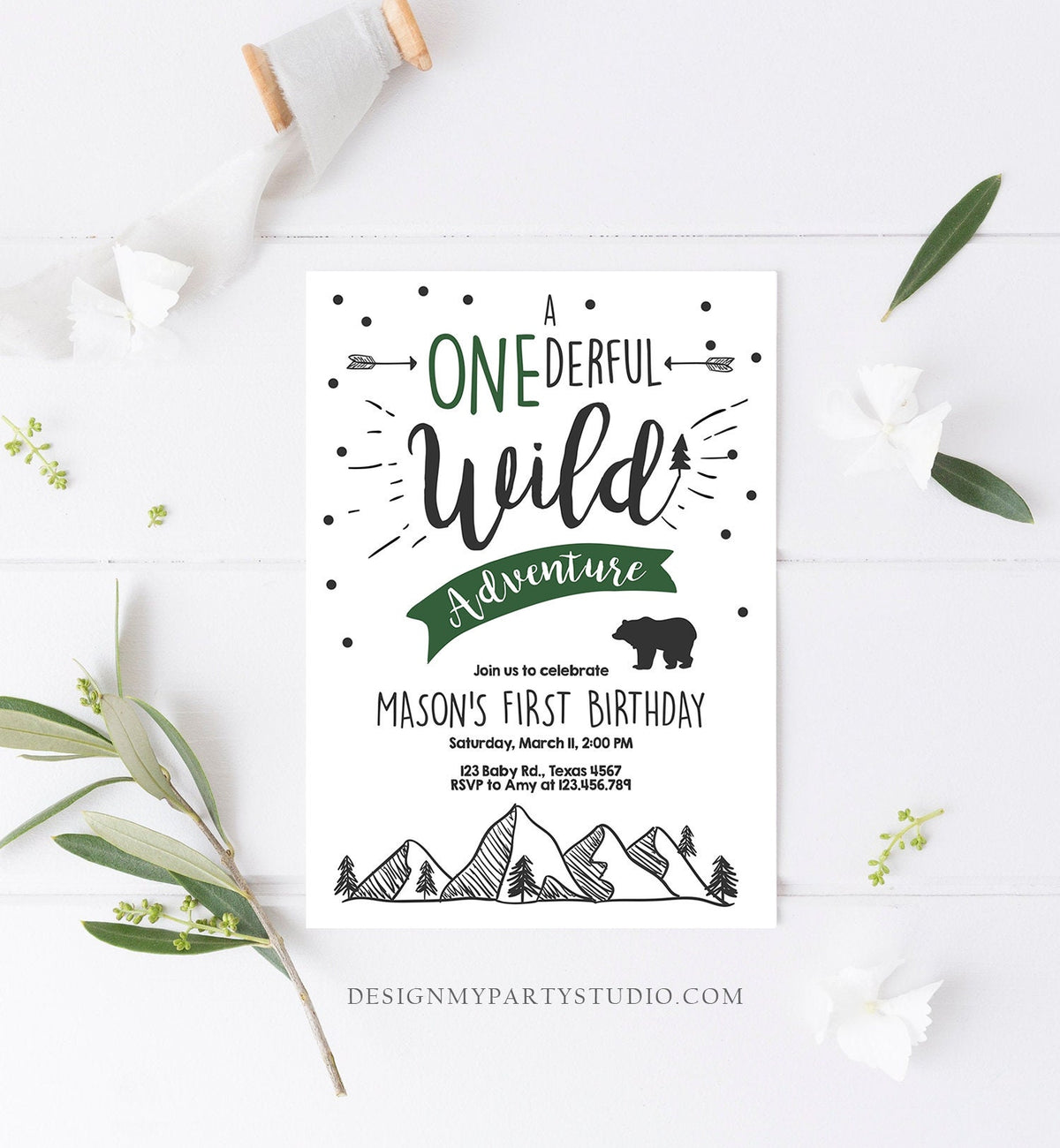 Editable A Onederful Wild Adventure First Birthday Invitation Wild Boy Mountains Bear Outdoor Hunter Green Digital Download Template 0083