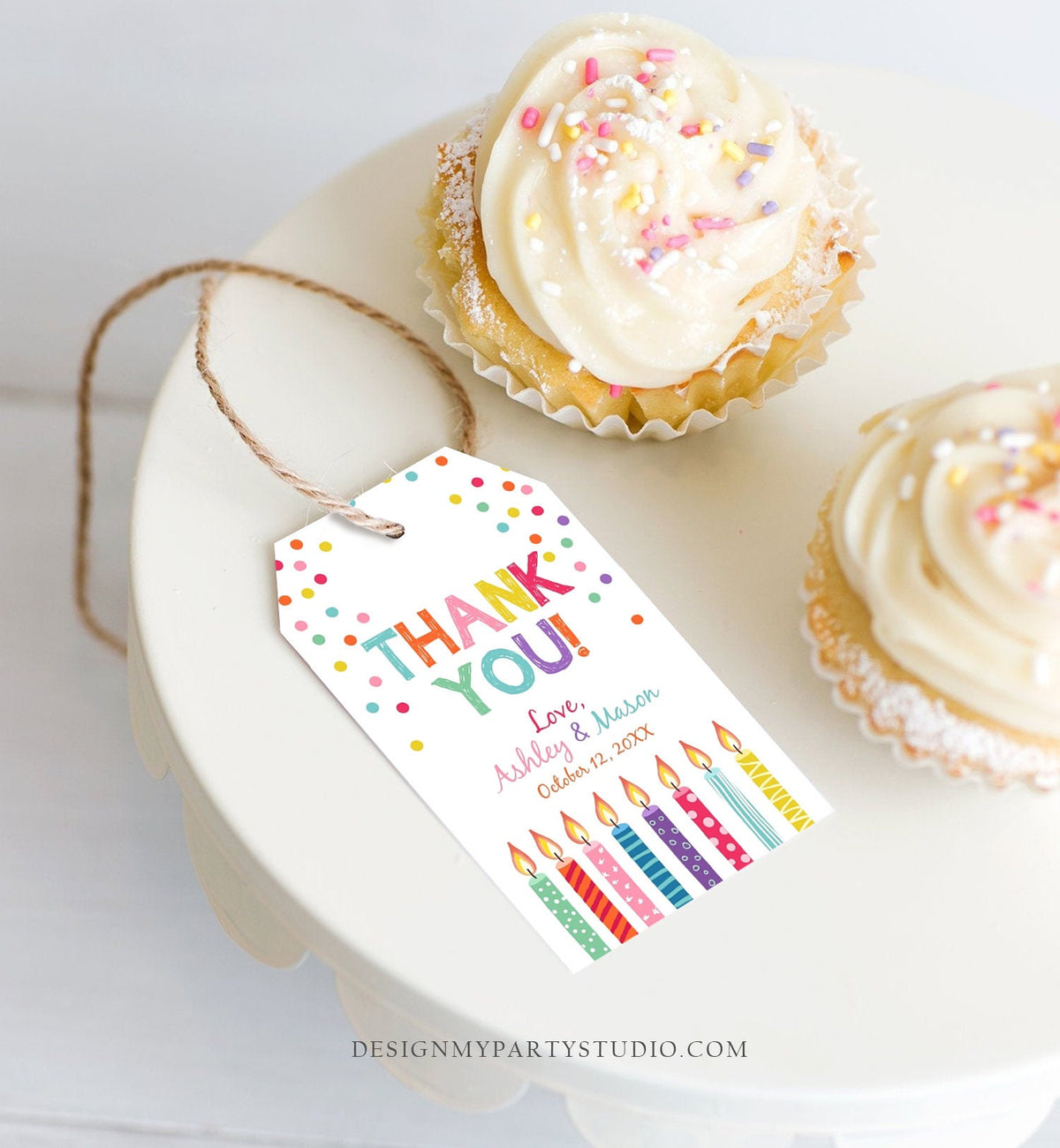 Editable Candles Confetti Favor Tags Joint Twin Birthday Thank You Tag Label Candle Colorful Boy Girl Shower Digital Template Printable 0277