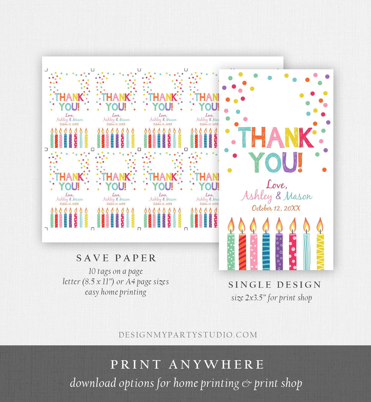 Editable Candles Confetti Favor Tags Joint Twin Birthday Thank You Tag Label Candle Colorful Boy Girl Shower Digital Template Printable 0277