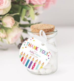 Editable Candles Confetti Favor Tags Joint Twin Birthday Thank You Tags Label Candle Colorful Square Round Corjl Template Printable 0277