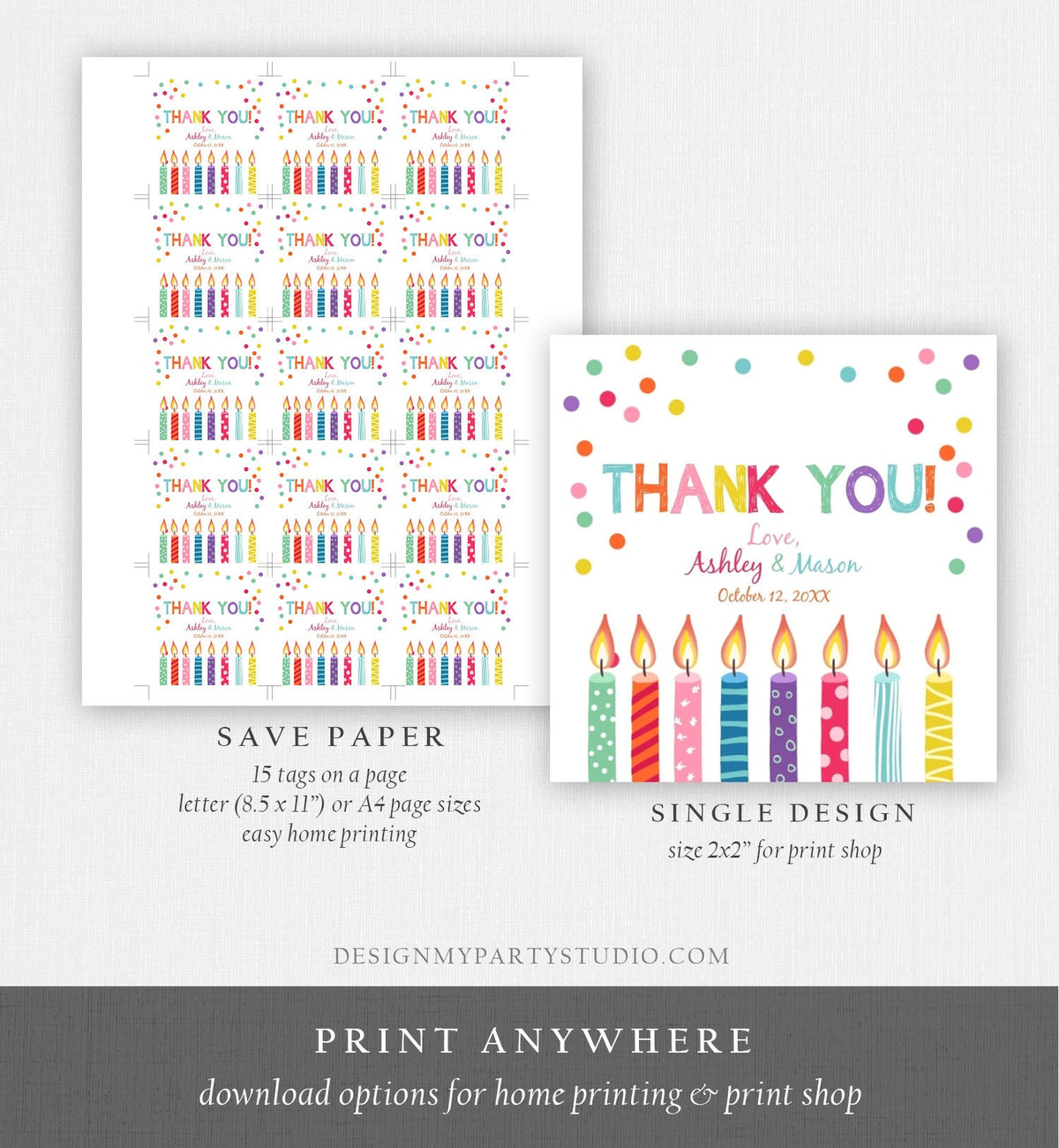 Editable Candles Confetti Favor Tags Joint Twin Birthday Thank You Tags Label Candle Colorful Square Round Corjl Template Printable 0277