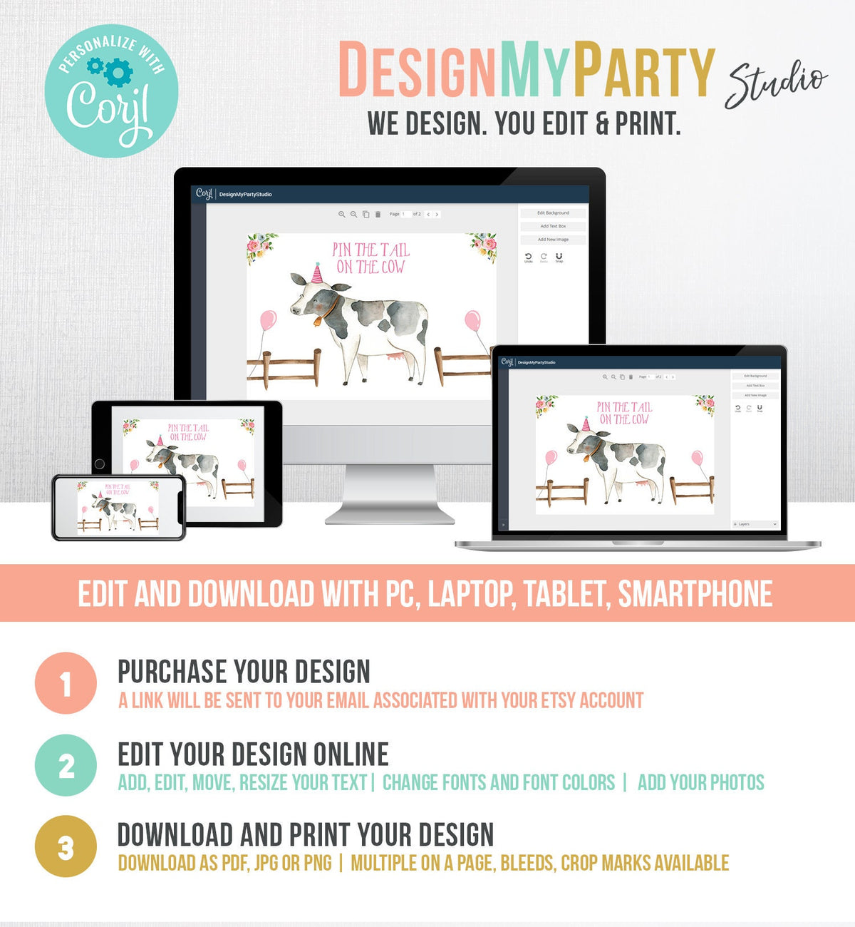 Editable Pin the Tail on the Cow Farm Birthday Game Farm Animals Party Animals Decor Barnyard Instant Download Printable Digital Corjl 0155