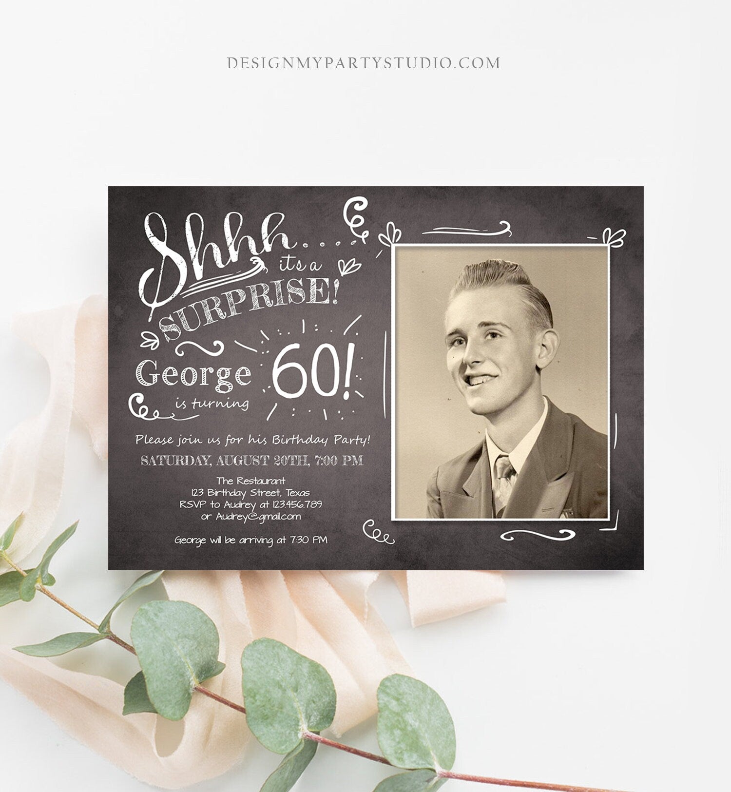 Editable ANY AGE Surprise Birthday Invitation Chalk Rustic Adult 60th Sixty Vintage Party Photo Shhh Download Printable Corjl Template 0102