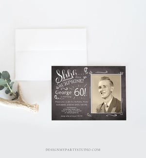 Editable ANY AGE Surprise Birthday Invitation Chalk Rustic Adult 60th Sixty Vintage Party Photo Shhh Download Printable Corjl Template 0102