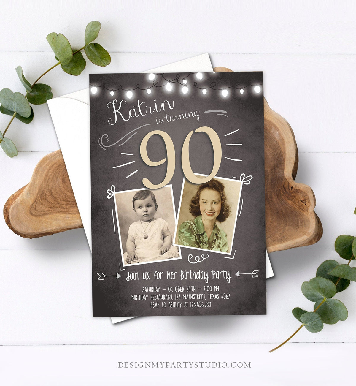 Editable ANY AGE 90th Birthday Invitation Chalkboard Rustic Adult Birthday Ninety Photo Vintage Download Corjl Template Printable 0230