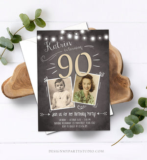 Editable ANY AGE 90th Birthday Invitation Chalkboard Rustic Adult Birthday Ninety Photo Vintage Printable Invitation Corjl Template 0230