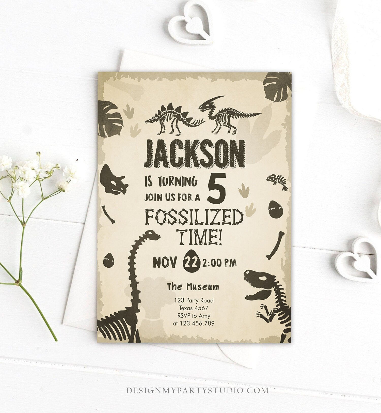 Editable Fossil Birthday Invitation Dino Dig Party Prehistoric Boy Dinosaur Party T-Rex Digital Download Printable Template Corjl 0269