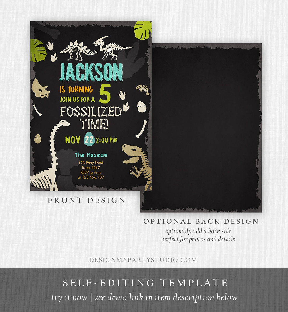 Editable Fossil Birthday Invitation Dino Dig Party Prehistoric Boy Dinosaur Party T-Rex Chalk Digital Download Printable Template Corjl 0269