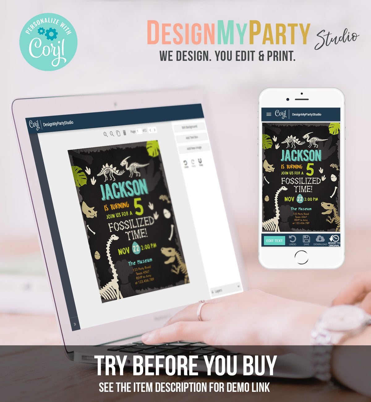 Editable Fossil Birthday Invitation Dino Dig Party Prehistoric Boy Dinosaur Party T-Rex Chalk Digital Download Printable Template Corjl 0269