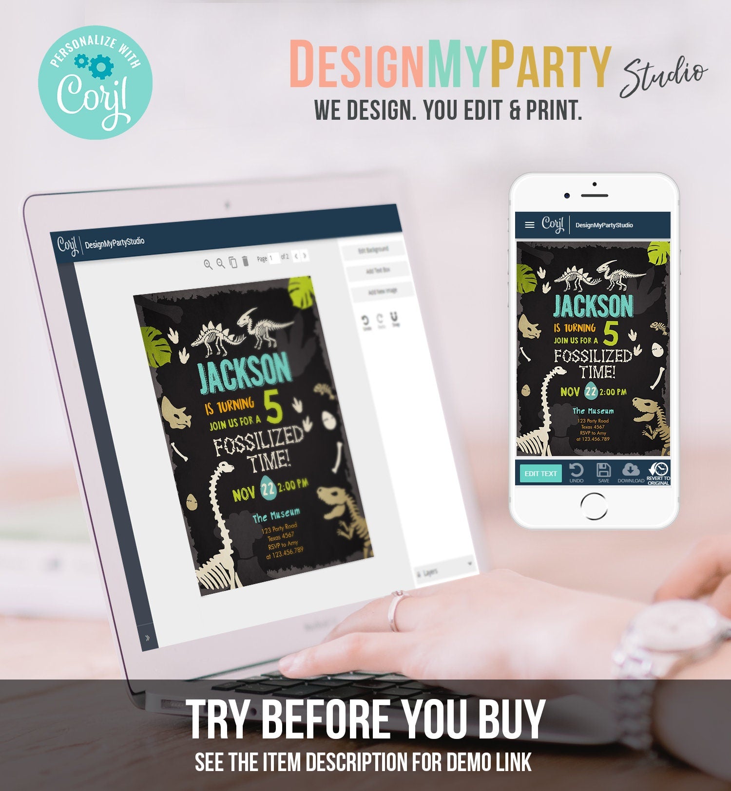 Editable Fossil Birthday Invitation Dino Dig Party Prehistoric Boy Dinosaur Party T-Rex Chalk Digital Download Printable Template Corjl 0269