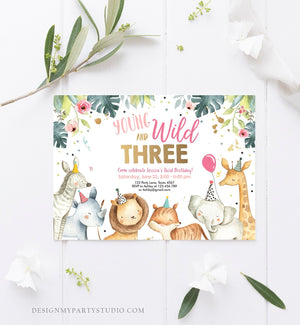 Editable Young Wild and Three Invitation Girl Pink and Gold Safari Animals Zoo Instant Download Printable Template Digital Corjl 0163