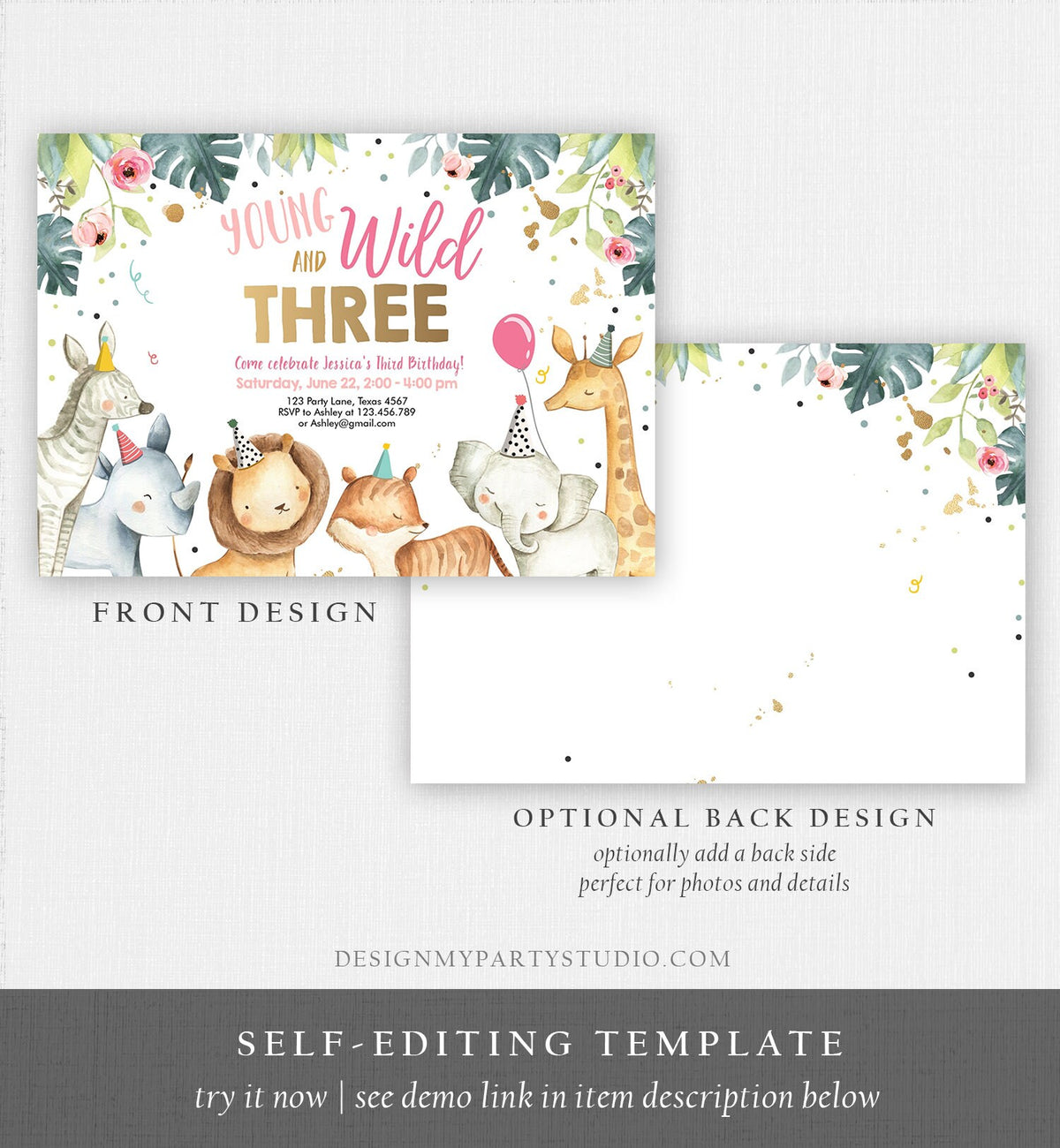Editable Young Wild and Three Invitation Girl Pink Gold Watercolor Safari Animals Party Zoo Digital Download Evite Template Printable 0163