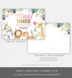 Editable Young Wild and Three Invitation Girl Pink and Gold Safari Animals Zoo Instant Download Printable Template Digital Corjl 0163
