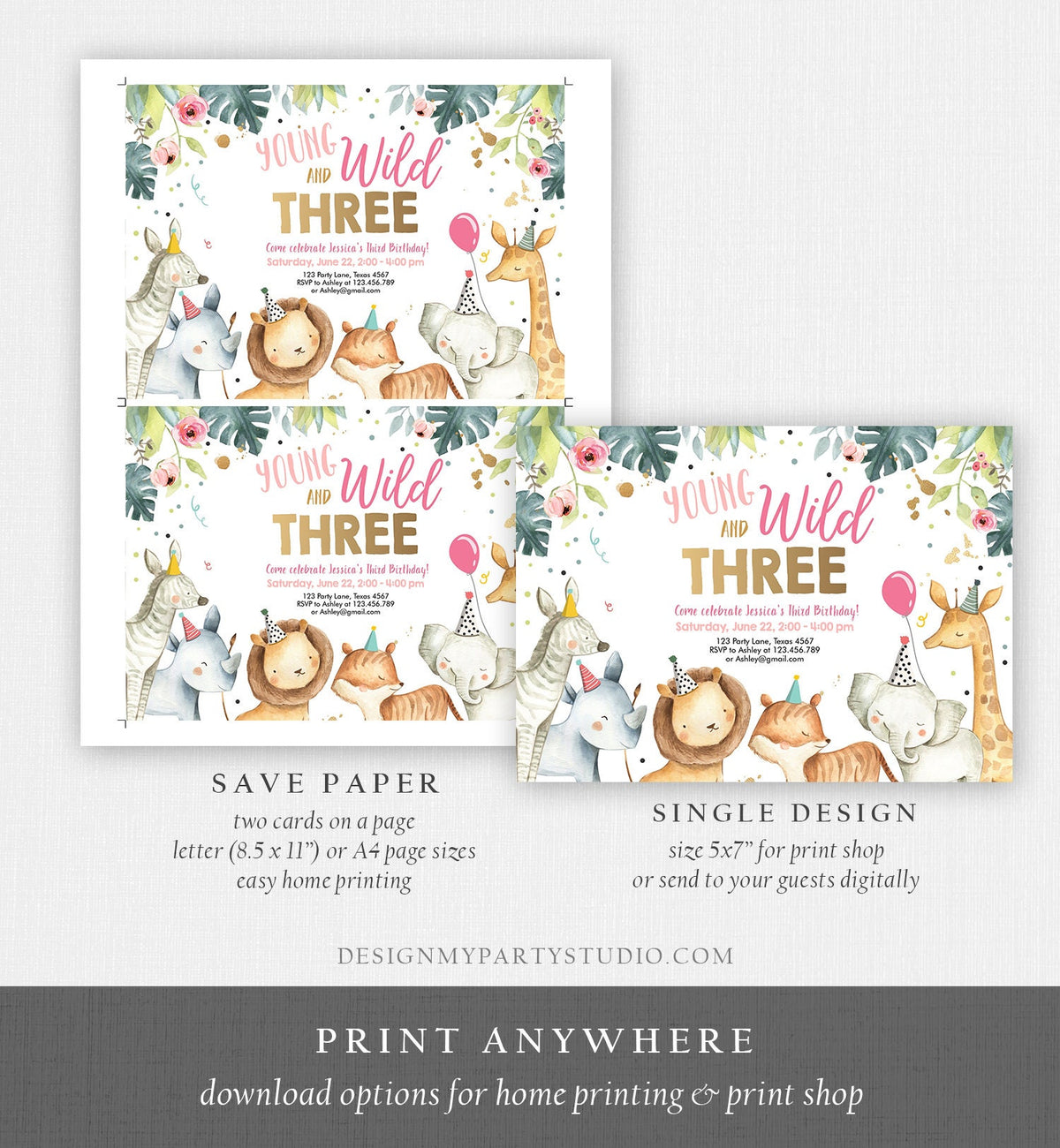 Editable Young Wild and Three Invitation Girl Pink Gold Watercolor Safari Animals Party Zoo Digital Download Evite Template Printable 0163