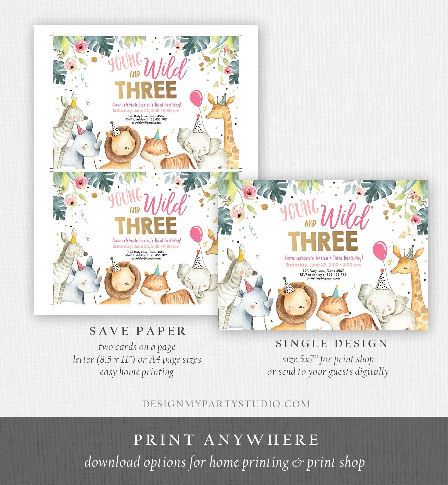 Editable Young Wild and Three Invitation Girl Pink Gold Watercolor Safari Animals Party Zoo Digital Download Evite Template Printable 0163