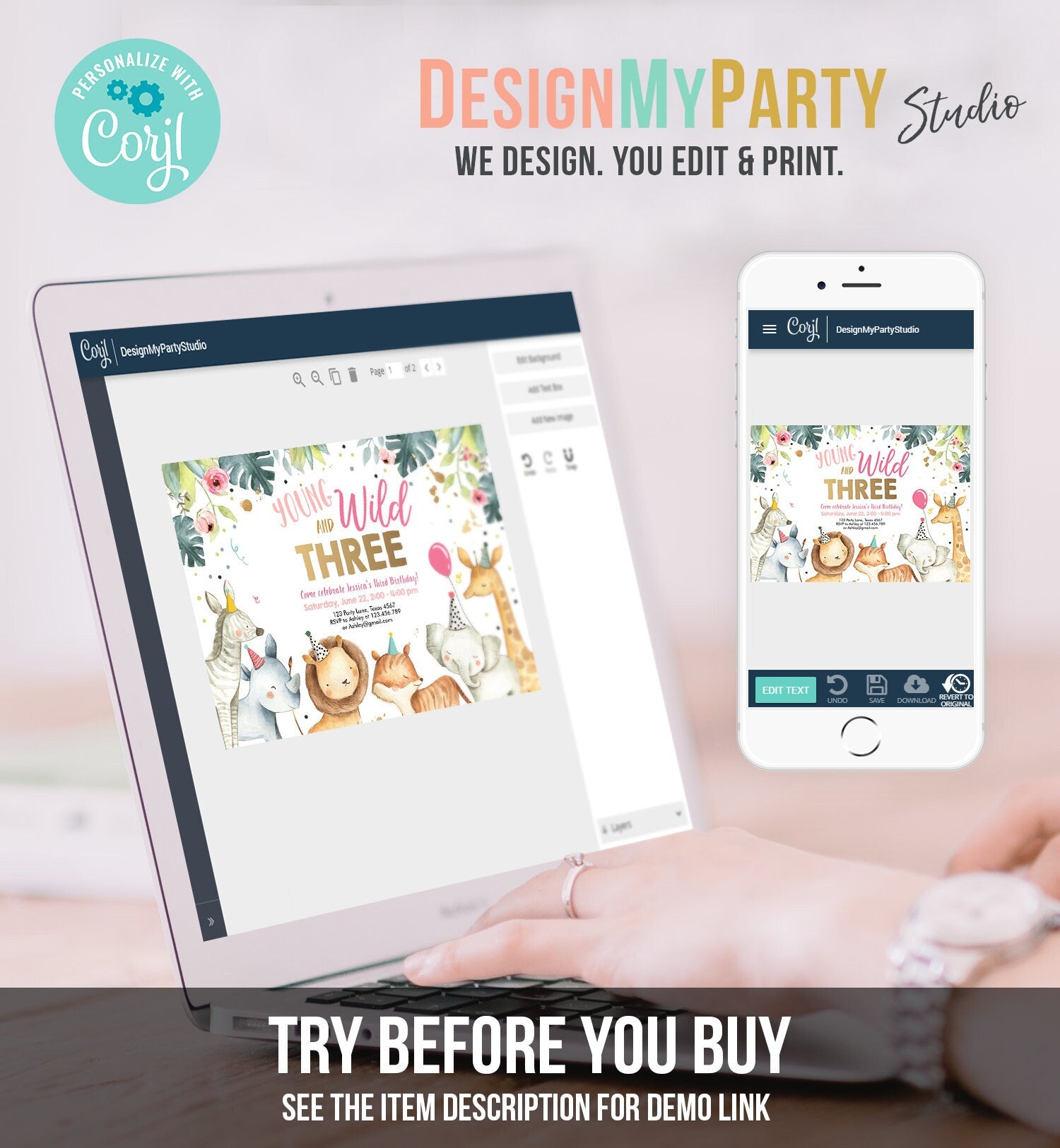 Editable Young Wild and Three Invitation Girl Pink Gold Watercolor Safari Animals Party Zoo Digital Download Evite Template Printable 0163