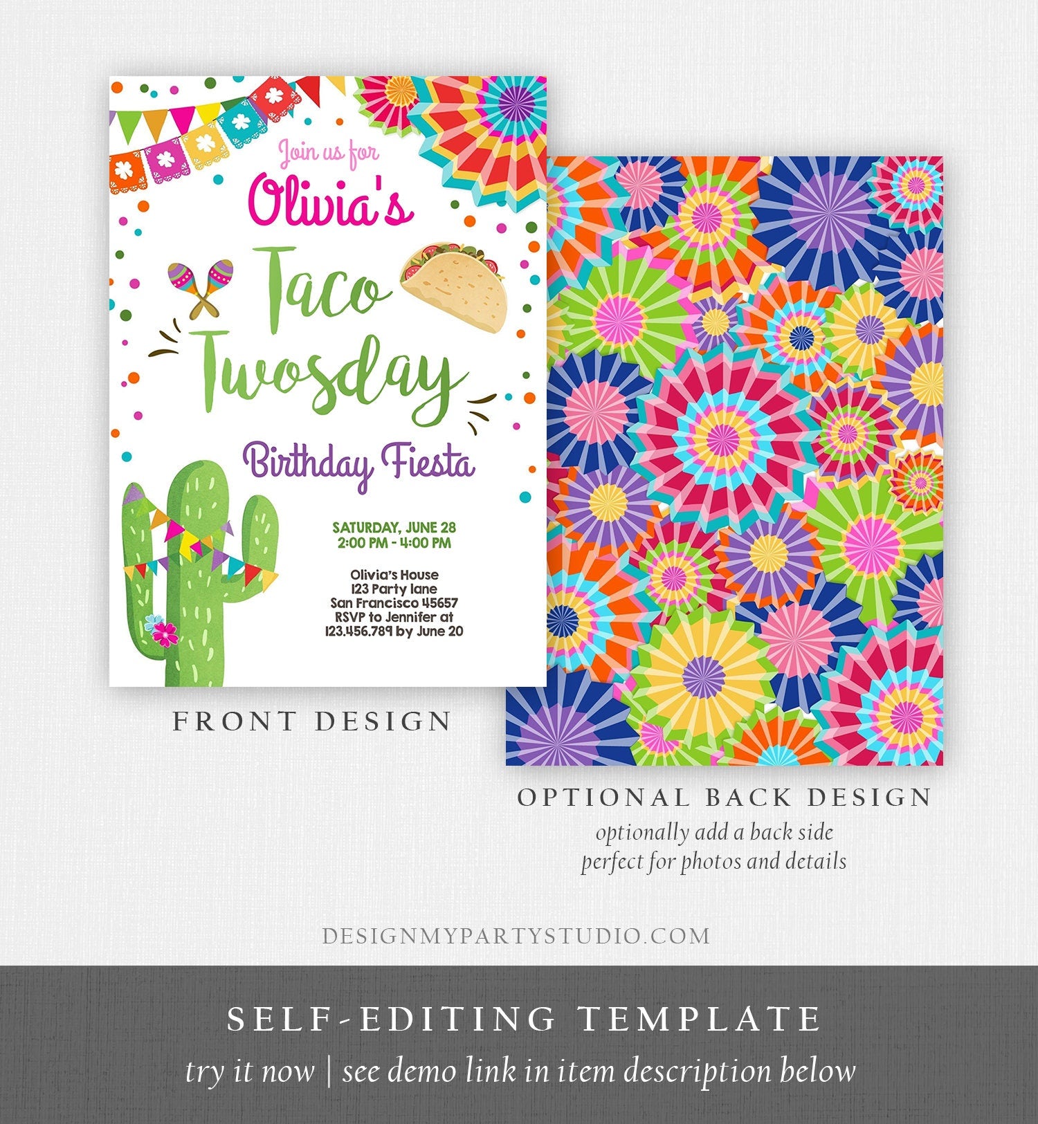 Editable Taco Twosday Invitation Girl Fiesta Cactus Samba Second 2nd Birthday Succulent Digital Download Evite Template Printable 0045