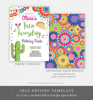 Editable Taco Twosday Invitation Girl Cactus Samba Twosday Birthday Fiesta 2nd Instant Download Printable Invitation Template Corjl 0045