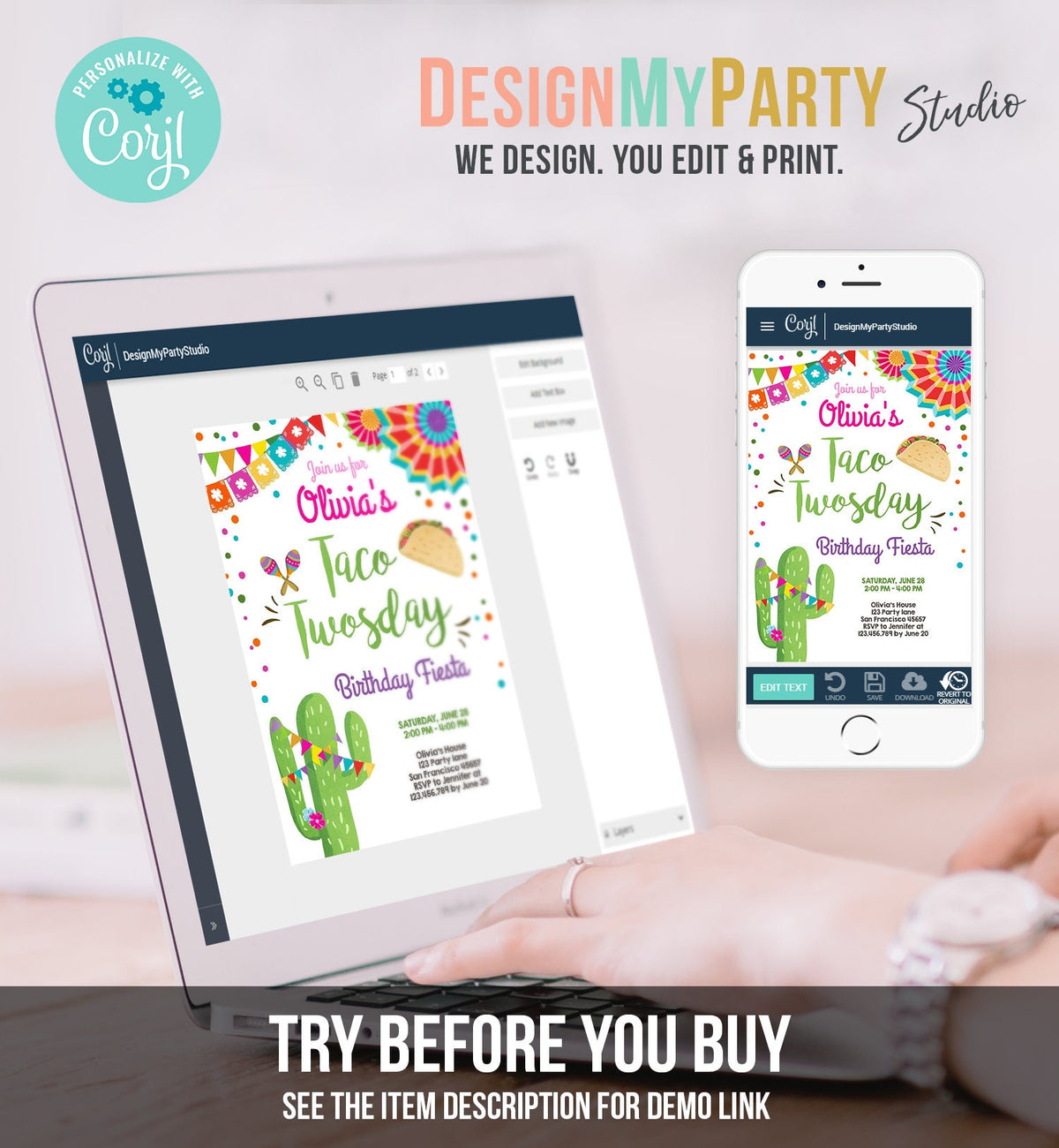 Editable Taco Twosday Invitation Girl Fiesta Cactus Samba Second 2nd Birthday Succulent Digital Download Evite Template Printable 0045