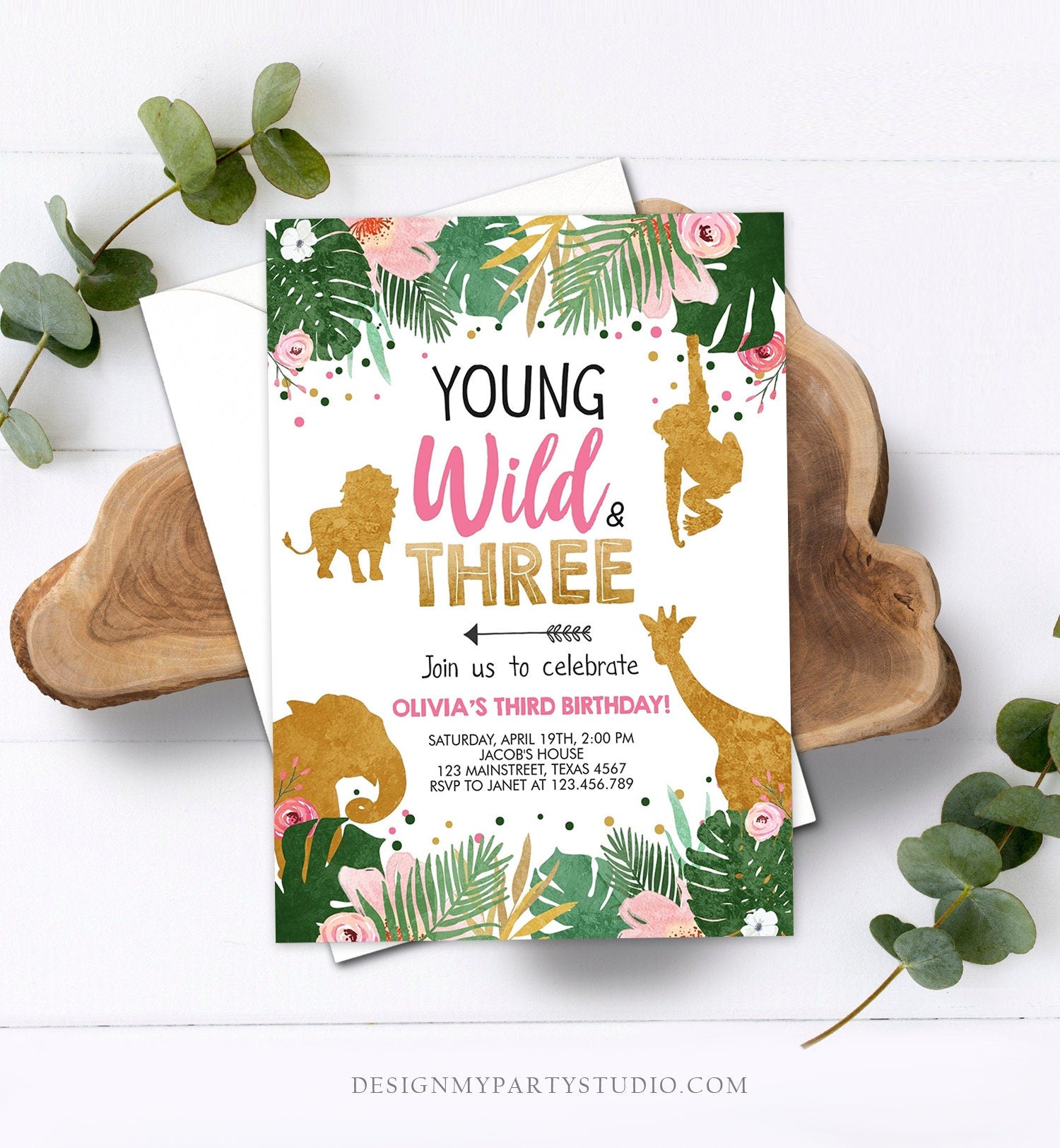 Editable Young Wild and Three Birthday Invitation Animals Invite Party Jungle Safari Pink Gold Download Corjl Template Printable 0016