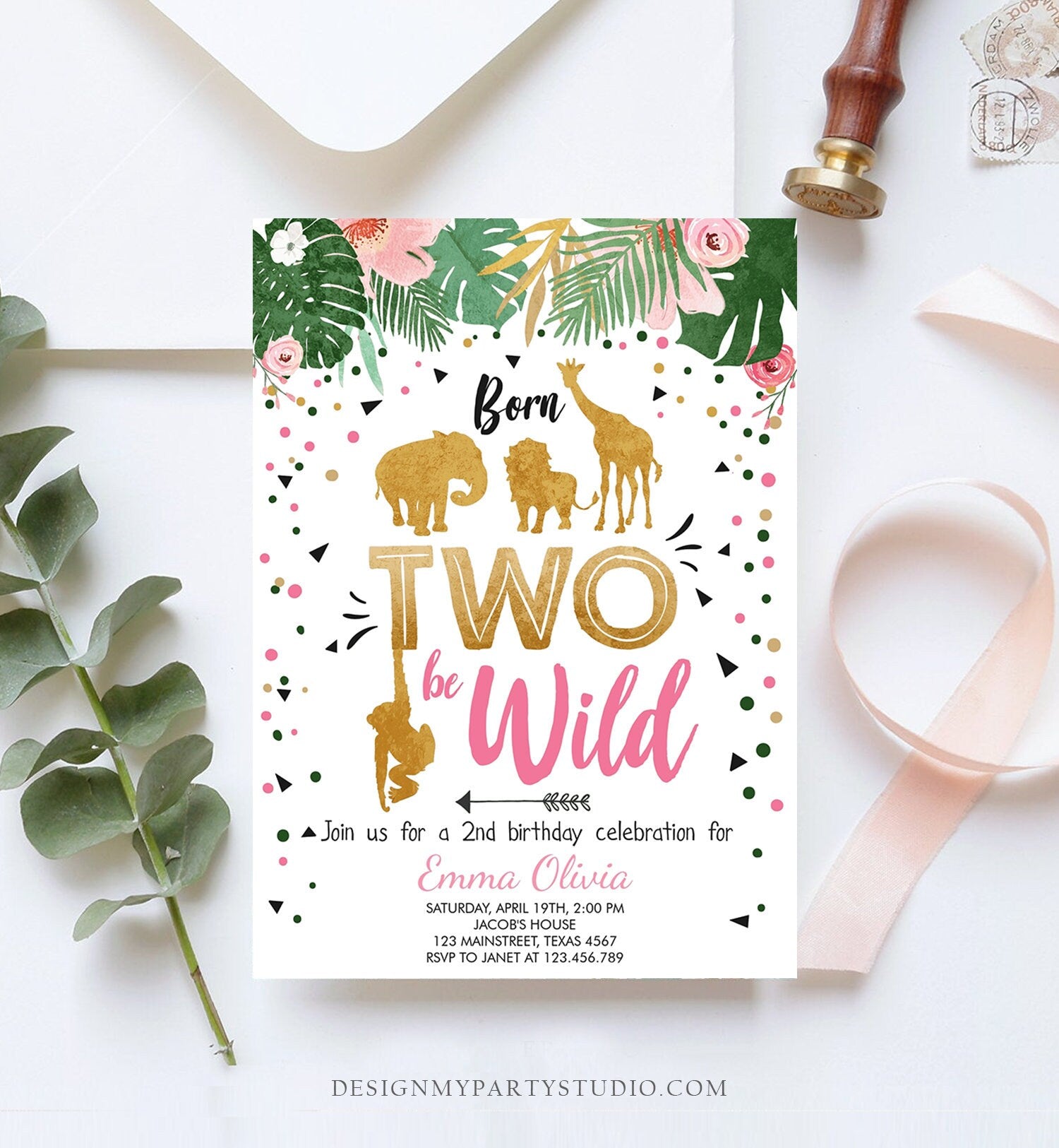 Editable Born Two Be Wild Birthday Invitation Girl Animals Jungle Safari Pink Gold 2nd Birthday Download Printable Template Corjl 0016