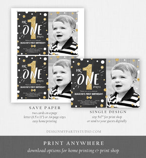 Editable Mr Onederful Birthday Invitation Black and Gold Boy Birthday Bow Tie Confetti 1st Birthday Printable Template Digital Corjl 0072