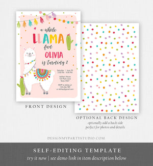 Editable Whole Llama Fun Birthday invitation Llama Cactus Girls Alpaca Fiesta Instant Download Printable Invitation Template Corjl 0079