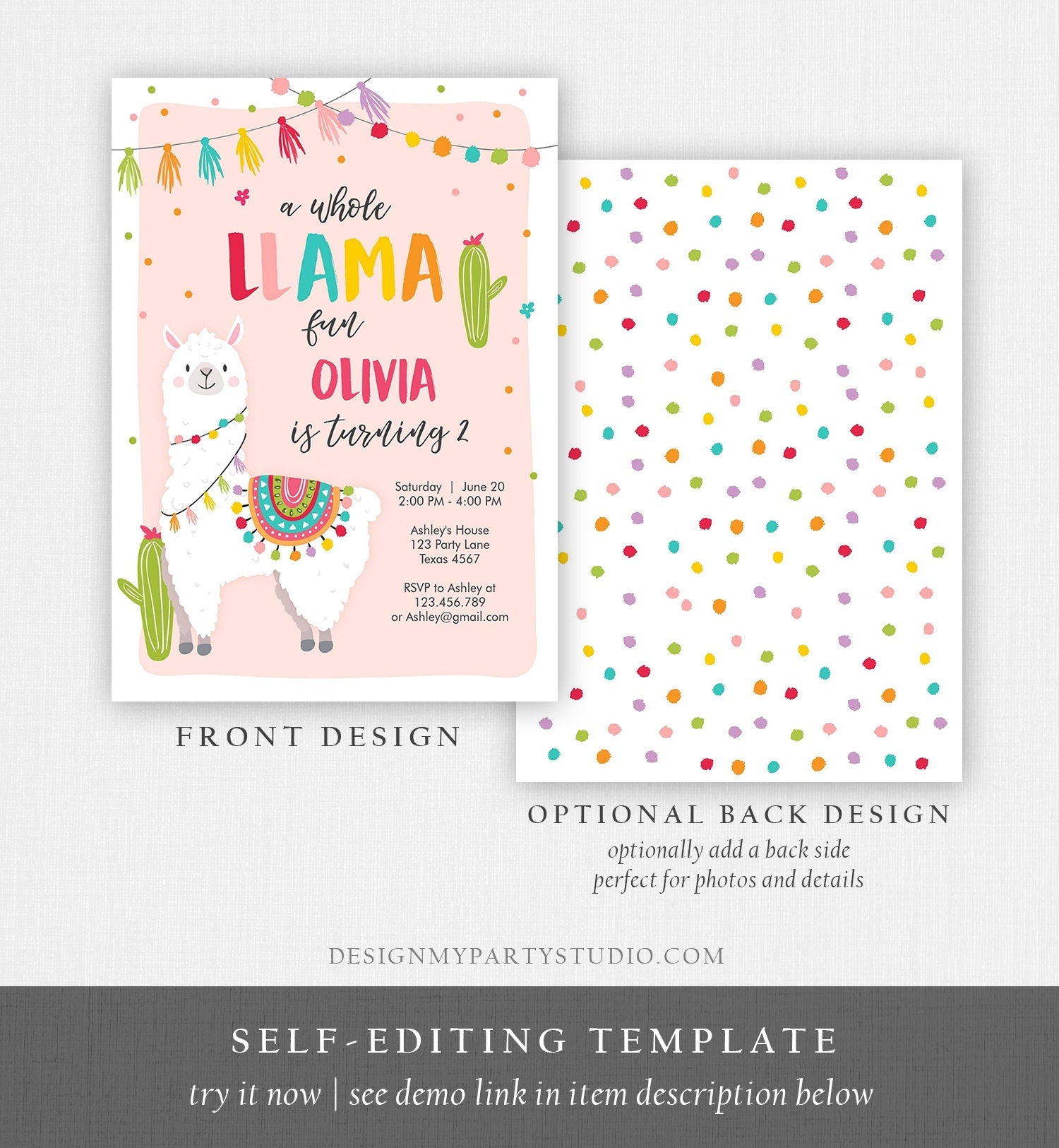 Editable Whole Llama Fun Birthday Invitation Llama Cactus Girl Alpaca Fiesta Party Digital Download Corjl Template Printable 0079