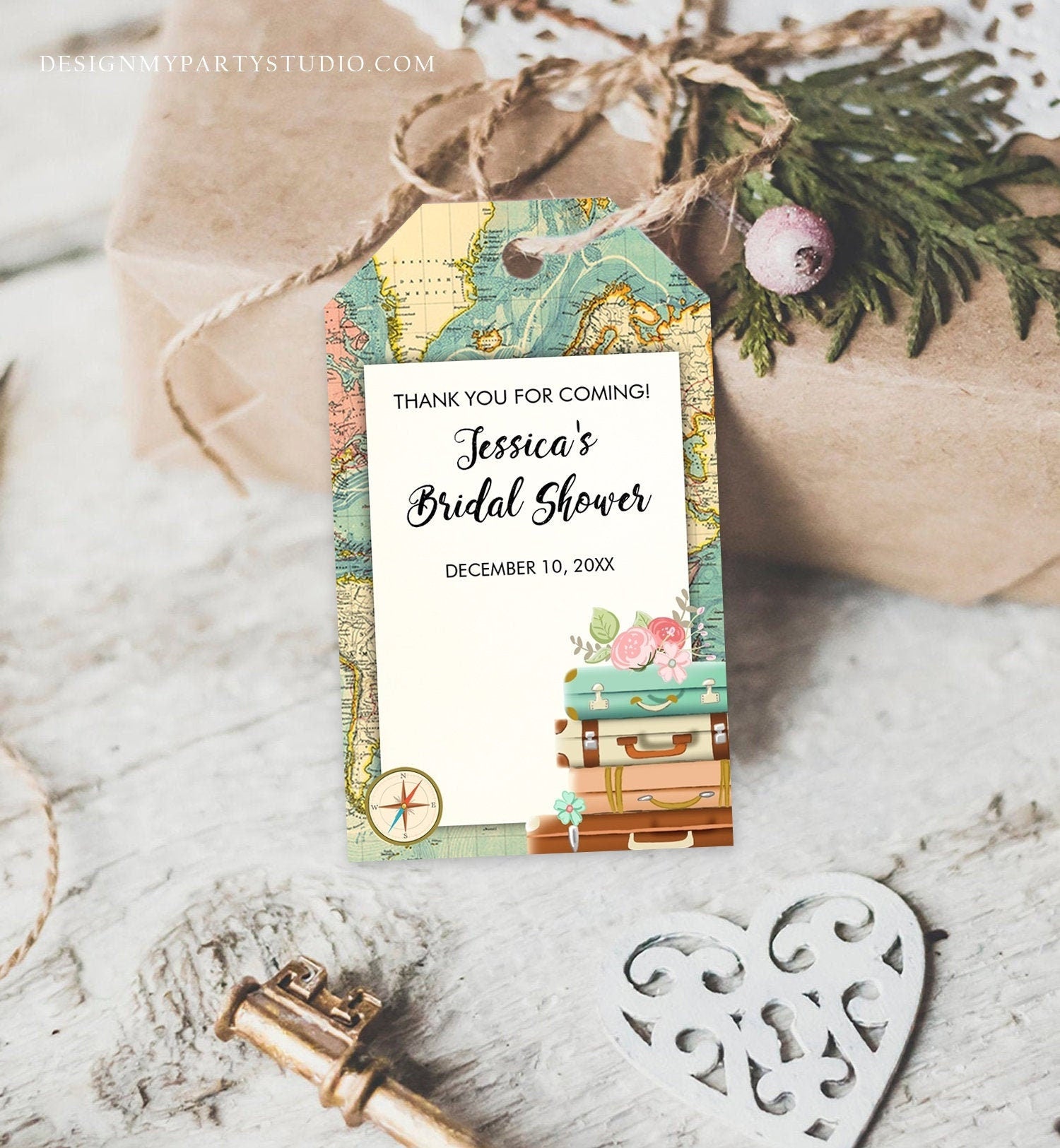 Editable Travel Adventure Thank You Tags Bridal Shower Favor Tags Love is a Journey Adventure Suitcases Map Template Corjl PRINTABLE 0044