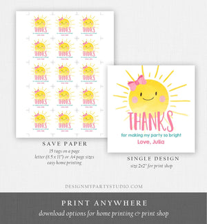 Editable Little Sunshine Favor Tags Girl Pink First Birthday Thank You Tags Label Sun Bow Square Round Corjl Template Printable 0141