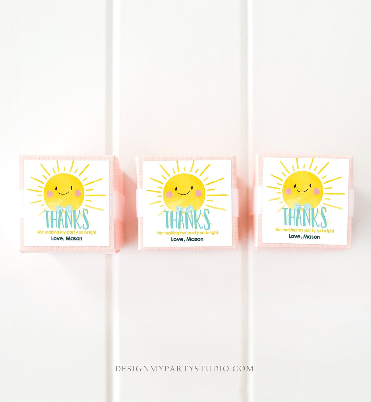 Editable Little Sunshine Favor Tags Boy Blue First Birthday Thank You Tags Label Sun Bow Tie Square Round Corjl Template Printable 0141