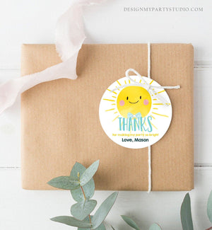 Editable Little Sunshine Favor Tags Boy Blue First Birthday Thank You Tags Label Sun Bow Tie Square Round Corjl Template Printable 0141