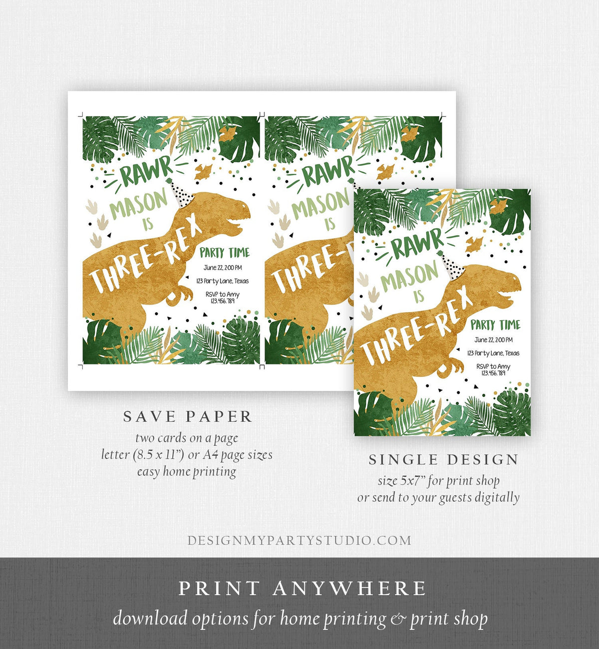 Editable Three-Rex Dinosaur Birthday Invitation Dino T-Rex Third Birthday 3rd Digital Download Prehistoric Printable Evite Template 0146